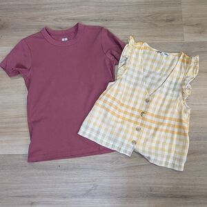 Madewell Yellow Plaid Top Sz 00 and Uniqlo t-shirt sz XS